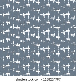 Pattern in blue and white with various abstract geometric figures. Textile print. Decorative background. Vector illustration.