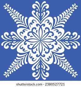 Blau und weiß im Muster. Winterdekoration, Schneeflocken, Weihnachtsdekor. Nahtlose Musterkachel mit viktorianischen Motiven. Keramikfliesen im Talavera-Stil. Blau-Weiß-Ziermuster für jede Dekoration.