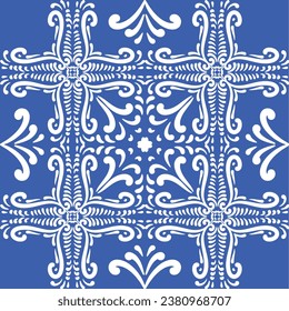 Pattern blue and white. Winter decor, snowflakes,christmas decor. Seamless pattern tile with Victorian motives.Ceramic tile in talavera style. Ornamental blue and white patterns for any decor.