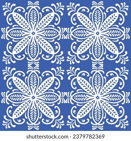 Pattern blue and white.Original traditional Portuguese and Spain decor.Seamless pattern tile with Victorian motives.Ceramic tile in talavera style. Ornamental blue and white patterns for any decor.