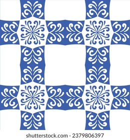 Pattern blue and white.Original traditional Portuguese and Spain decor.Seamless pattern tile with Victorian motives.Ceramic tile in talavera style. Ornamental blue and white patterns for any decor.