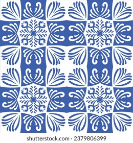 Pattern blue and white.Original traditional Portuguese and Spain decor.Seamless pattern tile with Victorian motives.Ceramic tile in talavera style. Ornamental blue and white patterns for any decor.