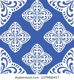 Pattern blue and white.Original traditional Portuguese and Spain decor.Seamless pattern tile with Victorian motives.Ceramic tile in talavera style. Ornamental blue and white patterns for any decor.
