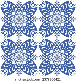 Pattern blue and white.Original traditional Portuguese and Spain decor.Seamless pattern tile with Victorian motives.Ceramic tile in talavera style. Ornamental blue and white patterns for any decor.