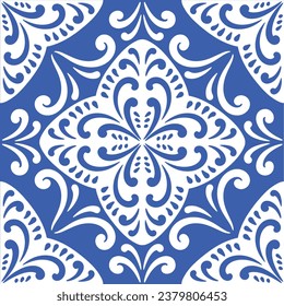 Pattern blue and white.Original traditional Portuguese and Spain decor.Seamless pattern tile with Victorian motives.Ceramic tile in talavera style. Ornamental blue and white patterns for any decor.