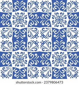 Pattern blue and white.Original traditional Portuguese and Spain decor.Seamless pattern tile with Victorian motives.Ceramic tile in talavera style. Ornamental blue and white patterns for any decor.
