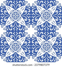 Pattern blue and white.Original traditional Portuguese and Spain decor.Seamless pattern tile with Victorian motives.Ceramic tile in talavera style. Ornamental blue and white patterns for any decor.