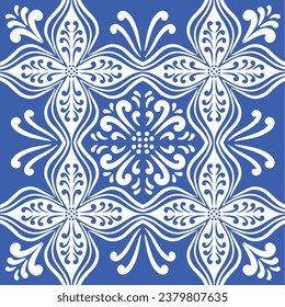 Pattern blue and white.Original traditional Portuguese and Spain decor.Seamless pattern tile with Victorian motives.Ceramic tile in talavera style. Ornamental blue and white patterns for any decor.