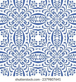 Pattern blue and white.Original traditional Portuguese and Spain decor.Seamless pattern tile with Victorian motives.Ceramic tile in talavera style. Ornamental blue and white patterns for any decor.