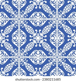 Pattern blue and white.Original traditional Portuguese and Spain decor.Seamless pattern tile with Victorian motives.Ceramic tile in talavera style. Ornamental blue and white patterns for any decor.