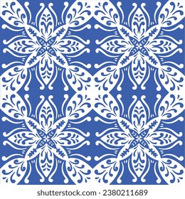 Pattern blue and white.Original traditional Portuguese and Spain decor.Seamless pattern tile with Victorian motives.Ceramic tile in talavera style. Ornamental blue and white patterns for any decor.