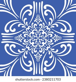 Pattern blue and white.Original traditional Portuguese and Spain decor.Seamless pattern tile with Victorian motives.Ceramic tile in talavera style. Ornamental blue and white patterns for any decor.