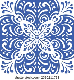 Pattern blue and white.Original traditional Portuguese and Spain decor.Seamless pattern tile with Victorian motives.Ceramic tile in talavera style. Ornamental blue and white patterns for any decor.