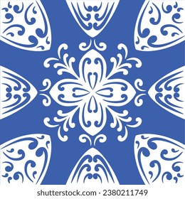 Pattern blue and white.Original traditional Portuguese and Spain decor.Seamless pattern tile with Victorian motives.Ceramic tile in talavera style. Ornamental blue and white patterns for any decor.
