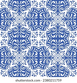 Pattern blue and white.Original traditional Portuguese and Spain decor.Seamless pattern tile with Victorian motives.Ceramic tile in talavera style. Ornamental blue and white patterns for any decor.