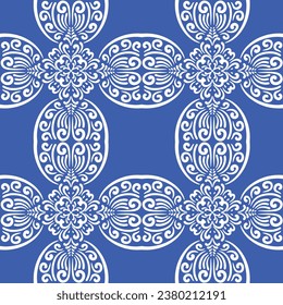 Pattern blue and white.Original traditional Portuguese and Spain decor.Seamless pattern tile with Victorian motives.Ceramic tile in talavera style. Ornamental blue and white patterns for any decor.