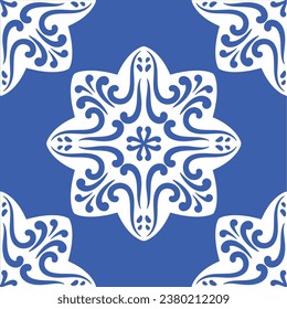 Pattern blue and white.Original traditional Portuguese and Spain decor.Seamless pattern tile with Victorian motives.Ceramic tile in talavera style. Ornamental blue and white patterns for any decor.