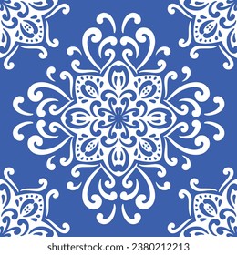 Pattern blue and white.Original traditional Portuguese and Spain decor.Seamless pattern tile with Victorian motives.Ceramic tile in talavera style. Ornamental blue and white patterns for any decor.