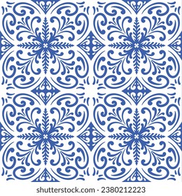 Pattern blue and white.Original traditional Portuguese and Spain decor.Seamless pattern tile with Victorian motives.Ceramic tile in talavera style. Ornamental blue and white patterns for any decor.