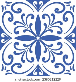 Blau und Weiß im Muster.Originelle portugiesische und spanische Dekoration.Nahtlose Musterkachel mit viktorianischen Motiven.Keramikfliesen im Talavera-Stil. Blau-Weiß-Ziermuster für jede Dekoration.