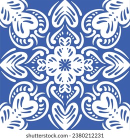 Pattern blue and white.Original traditional Portuguese and Spain decor.Seamless pattern tile with Victorian motives.Ceramic tile in talavera style. Ornamental blue and white patterns for any decor.
