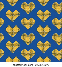 Pattern in blue and yellow colors with pixel hearts