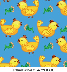 Pattern blue yellow pink birds spring nature