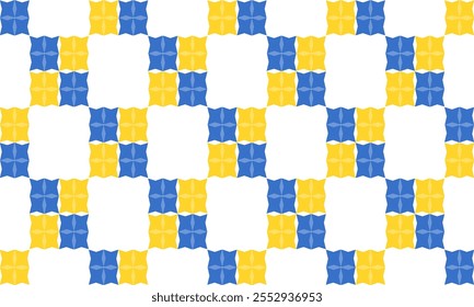 Muster mit blauen und gelben Quadraten, Schachbrett nahtloses Muster mit Blumen, blaue und gelbe Blume, hellblaue Blume auf Blockhintergrund Design für Stoffdruck, Schachbrett, Schachbrett, bg