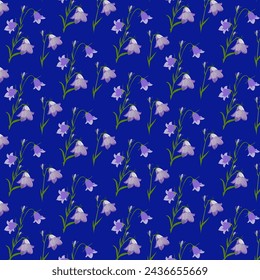 Pattern with bluebell flowers on blue background