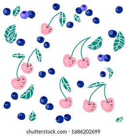 Pattern with blueberries and cherries. Berry background. Vector image, clipart, editable details. For backgrounds, packaging, textile and various other designs.