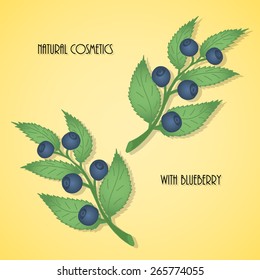 Pattern of blueberry branches with berries on yellow background
