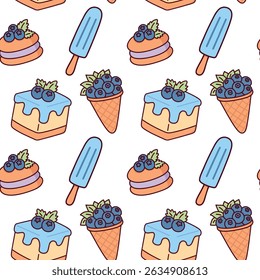 Padrão com bolo de mirtilo, picolés de sorvete e cones em cores pastel macio com fundo branco