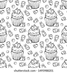 Pattern with blueberry Muffin in kawaii style. Coloring page with cute cupcake, cream, blueberry, leaves. Coloring book for adults and children