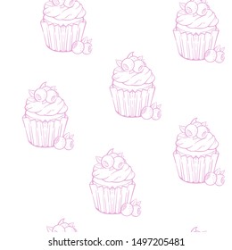 Pattern with blueberry Muffin in kawaii style. Coloring page with cute cupcake, cream, blueberry. Coloring book for adults and children