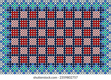 A pattern of blue-tone polka dots arranged in a diamond-shaped pattern on the outside and a pattern of red-tone polka dots arranged in a red-toned grid pattern on the inside.