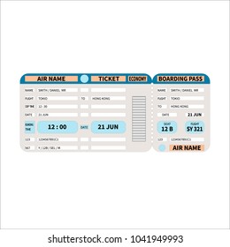 Pattern of a boarding pass and air ticket with barcode. Modern ticket concept for air travel. Vector illustration on white background in flat style.