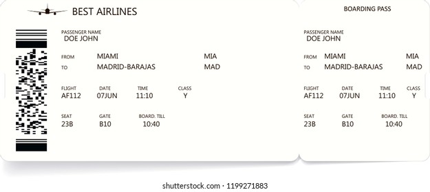 Pattern of a boarding pass and air ticket with barcode. Realistic ticket concept for travel by airplane. Variant of paper boarding pass