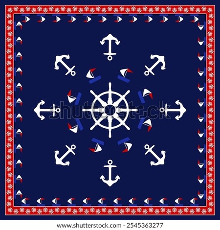 Pattern with boats, anchors and wheels. Square marine template.  Silk neckerchief, shawl bandana, handkerchief design