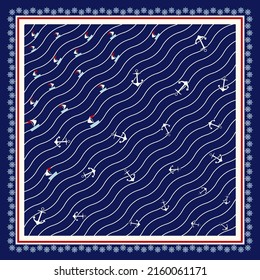 Pattern with boats, anchors, wheels and waves. Square marine template.  Silk neckerchief, shawl bandana, handkerchief design.