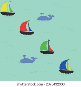 Pattern boats multicolored and blue whales in the sea, red yellow green and blue sailboat, vector image