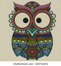 Pattern Boho ornamental owl illustration, ethnics abstract doodle on floral background, sketch of totem animal with feather in tribal decor 