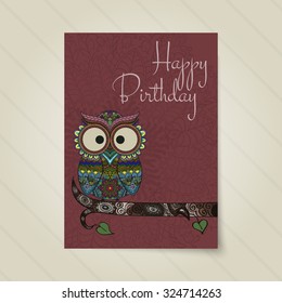 Pattern Boho ornamental owl illustration, ethnics abstract doodle on floral background, sketch of totem animal with feather in tribal decor greeting card