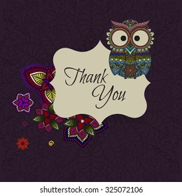 Pattern Boho ornamental owl illustration, ethnics abstract doodle on floral background, sketch of totem animal with feather in tribal decor greeting card