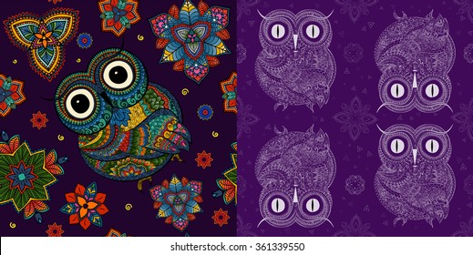 pattern Boho ornamental owl illustration, ethnics abstract doodle on floral background, sketch of totem animal with feather in tribal decor 
