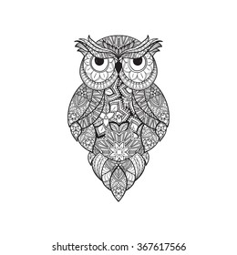 pattern Boho ornamental owl illustration, ethnics abstract doodle on floral background, sketch of totem animal with feather in tribal decor 
