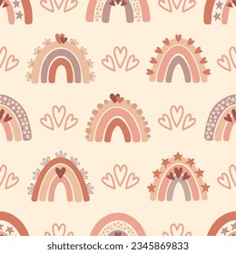 Pattern with boho rainbow in a naive children's style. Seamless pattern with rainbow in warm pastel colors. Illustration for textile, fabric design, wallpaper, wrapping paper and other printing.