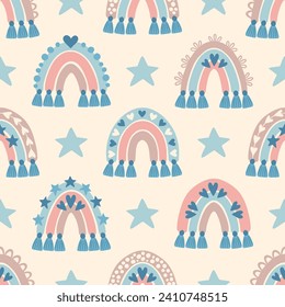 Pattern with boho rainbow in a naive children's style. Seamless pattern with rainbows in pastel colors. Illustration for textile, fabric design, wallpaper, wrapping paper and other printing.