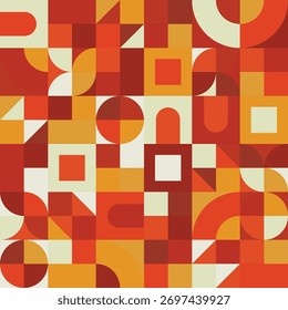 Padrão negrito abstrato repete padrão geométrico em tons de laranja, vermelho e amarelo quente.