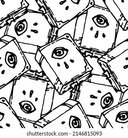 ein Muster aus einem Buch mit einem Auge. nahtloses Muster aus einem handgezeichneten Cartoon-Hexenbuch, einzeln auf weißem Hintergrund platzierte schwarze Umrisse