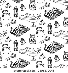 pattern of a book, lamp, magic dust, pendant, key with magic tools in the style of doodles. Monochrome seamless. Suitable for fantasy projects, books, games, and artwork related to magic, alchemy